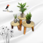 ست میز حصیری سه عددی پایه چوبی – میز دکوراتیو چندکاره برای گلدان و دکور
